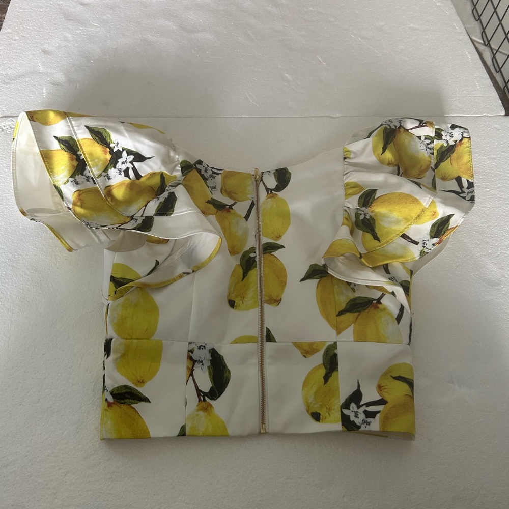 Amur cropped ruffle sleeve lemon print crop top white yellow v neck - Picture 9 of 13